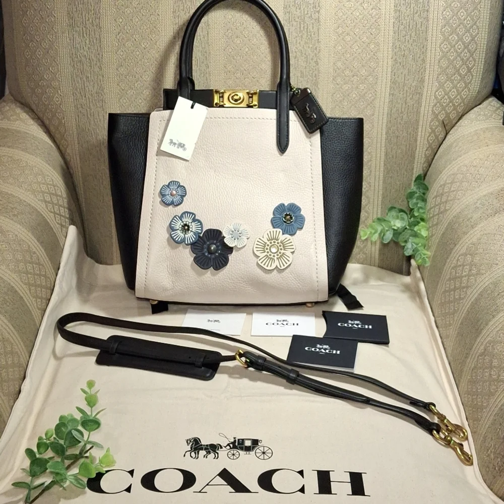 Coach Two-Tone Black and Cream Floral Appliqué Tote